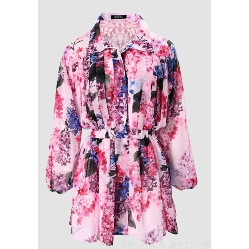 Chicme woman’s Medium pink floral flowy mini sexy chiffon long sleeve Romper